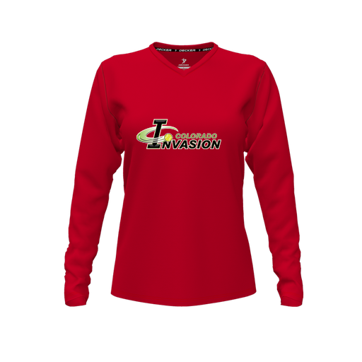 [FTLVCFRD-FYXS-LOGO1] Decker Comfort T-Shirt (Female Youth XS, Red, V Neck, Logo 1, Long Sleeve)