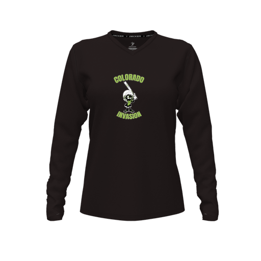 [FTLVPTBK-FYXS-LOGO3] Decker Performance T-Shirt (Female Youth XS, Black, V Neck, Logo 3, Long Sleeve)